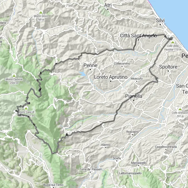 Miniature de la carte de l'inspiration cycliste "Défi dans les montagnes des Abruzzes" dans la Abruzzo, Italy. Générée par le planificateur d'itinéraire cycliste Tarmacs.app