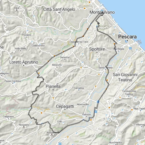Miniatura della mappa di ispirazione al ciclismo "Tour in bicicletta tra Montesilvano e Chieti Scalo" nella regione di Abruzzo, Italy. Generata da Tarmacs.app, pianificatore di rotte ciclistiche