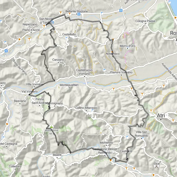 Miniatura della mappa di ispirazione al ciclismo "Giro sulle strade di Notaresco e Monte Giove" nella regione di Abruzzo, Italy. Generata da Tarmacs.app, pianificatore di rotte ciclistiche