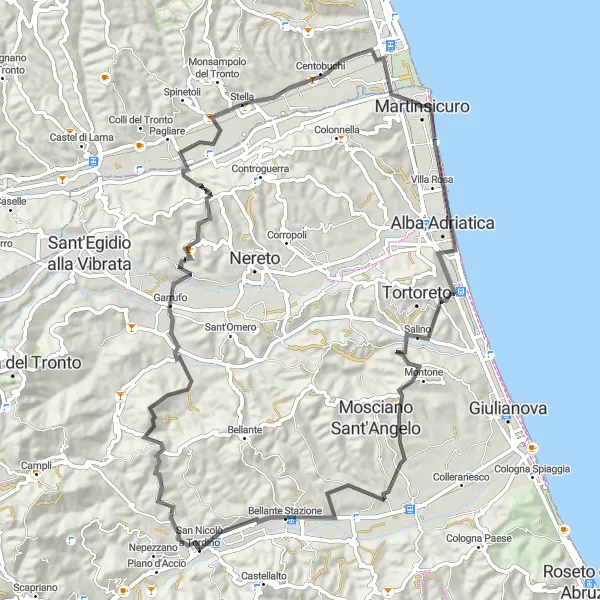 Miniatura della mappa di ispirazione al ciclismo "Tra campagne e mare" nella regione di Abruzzo, Italy. Generata da Tarmacs.app, pianificatore di rotte ciclistiche