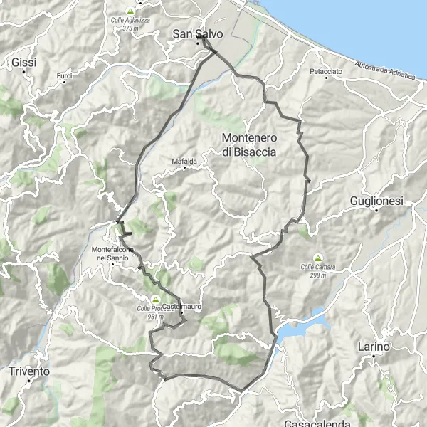 Karten-Miniaturansicht der Radinspiration "Rundtour zum Lago di Guardialfiera" in Abruzzo, Italy. Erstellt vom Tarmacs.app-Routenplaner für Radtouren