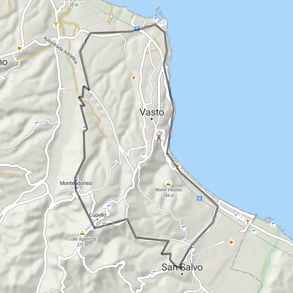 Miniatura mapy "Trasa szosowa do Monteodorisio" - trasy rowerowej w Abruzzo, Italy. Wygenerowane przez planer tras rowerowych Tarmacs.app