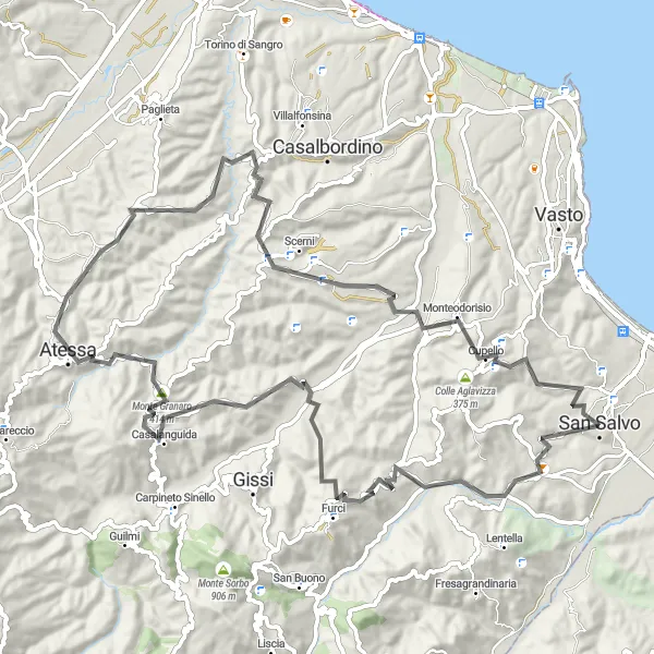 Miniature de la carte de l'inspiration cycliste "Exploration des Monts de l'Abruzzo" dans la Abruzzo, Italy. Générée par le planificateur d'itinéraire cycliste Tarmacs.app