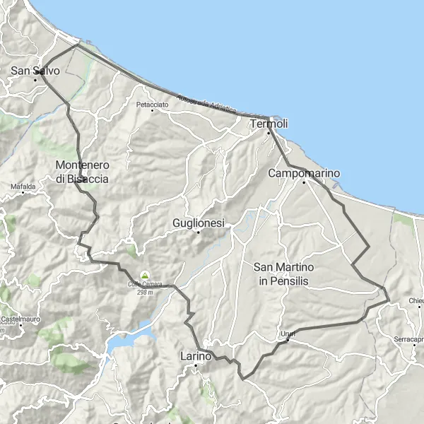 Miniatura della mappa di ispirazione al ciclismo "Scorci Medievali Molisani" nella regione di Abruzzo, Italy. Generata da Tarmacs.app, pianificatore di rotte ciclistiche