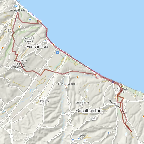 Miniature de la carte de l'inspiration cycliste "Aventure hors route près de San Vito Chietino" dans la Abruzzo, Italy. Générée par le planificateur d'itinéraire cycliste Tarmacs.app