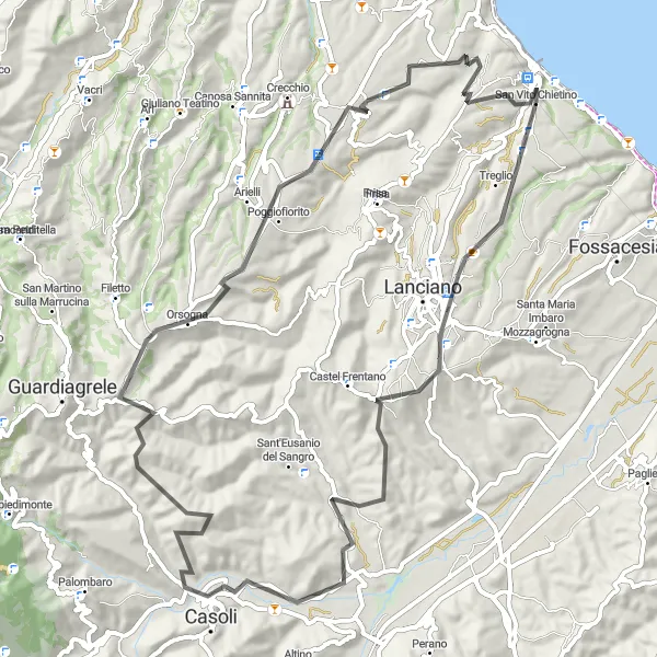 Miniatura della mappa di ispirazione al ciclismo "Ciclovia verso Casoli" nella regione di Abruzzo, Italy. Generata da Tarmacs.app, pianificatore di rotte ciclistiche