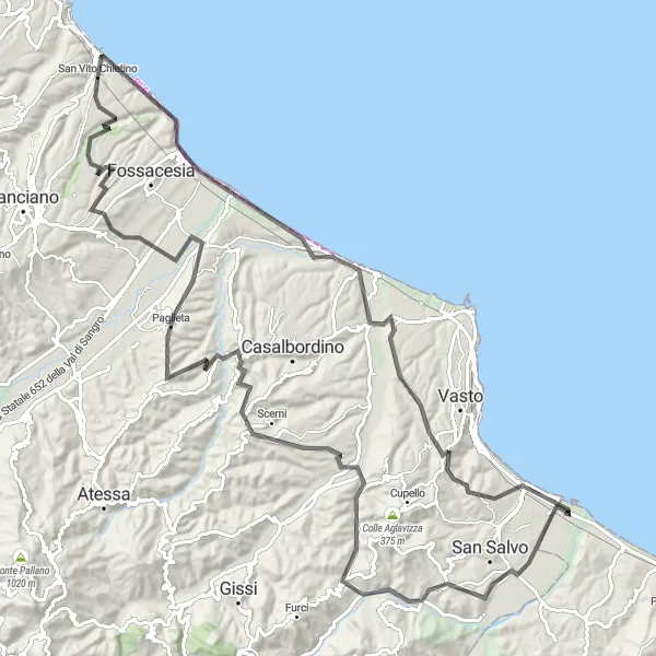 Miniature de la carte de l'inspiration cycliste "Les collines du côte de San Vito Chietino" dans la Abruzzo, Italy. Générée par le planificateur d'itinéraire cycliste Tarmacs.app