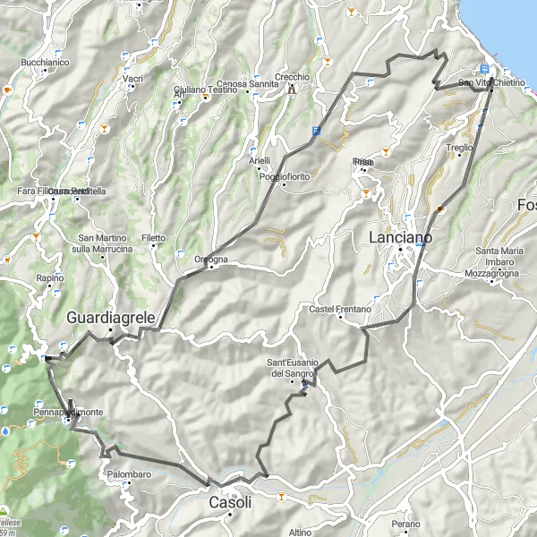 Karten-Miniaturansicht der Radinspiration "Rundfahrt über Treglio und Guardiagrele" in Abruzzo, Italy. Erstellt vom Tarmacs.app-Routenplaner für Radtouren