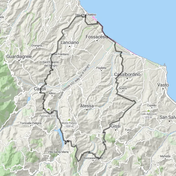 Map miniature of "The Mountain Challenge" cycling inspiration in Abruzzo, Italy. Generated by Tarmacs.app cycling route planner