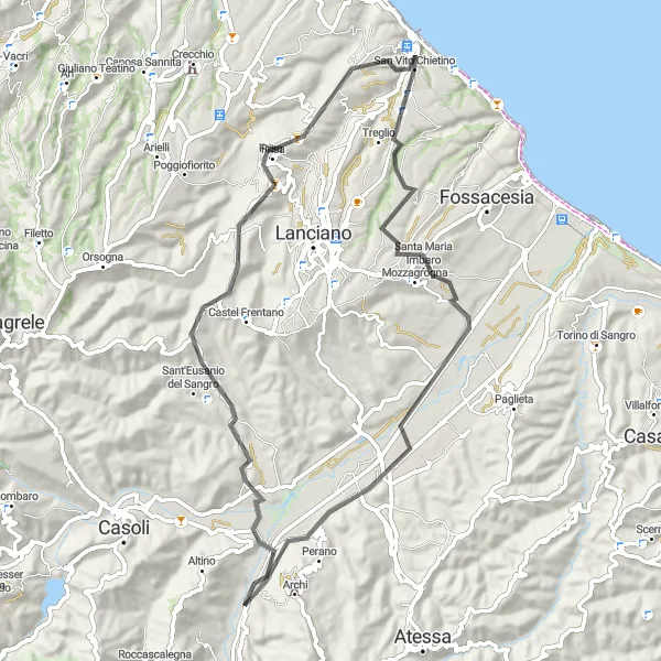 Miniatura della mappa di ispirazione al ciclismo "Per le colline fino a Santa Maria Imbaro" nella regione di Abruzzo, Italy. Generata da Tarmacs.app, pianificatore di rotte ciclistiche