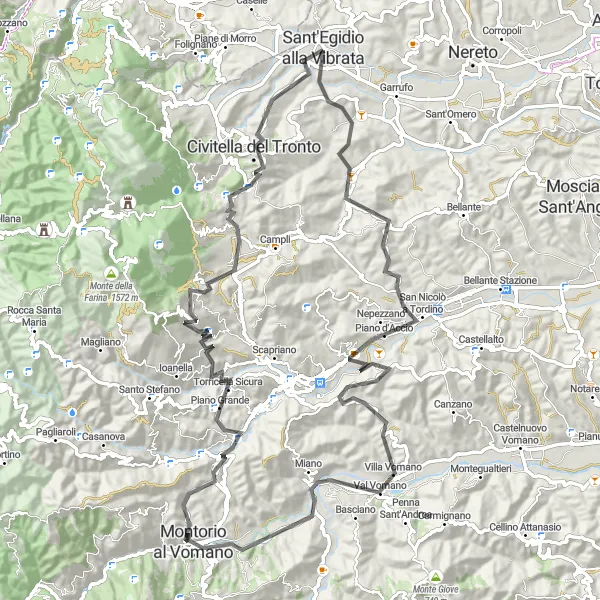 Map miniature of "The Vibrant Villages" cycling inspiration in Abruzzo, Italy. Generated by Tarmacs.app cycling route planner