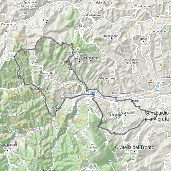 Miniatura della mappa di ispirazione al ciclismo "Avventura ciclistica tra monti e valli abruzzesi" nella regione di Abruzzo, Italy. Generata da Tarmacs.app, pianificatore di rotte ciclistiche