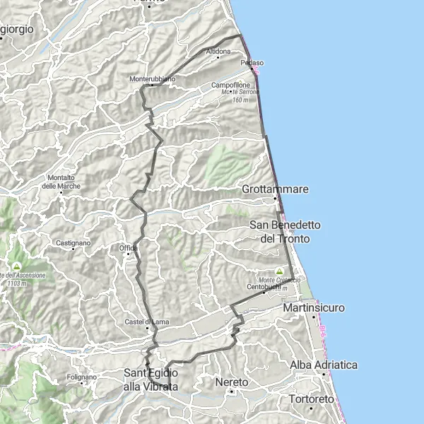Miniatura mapy "Przejażdżka szosowa z Castel di Lama do Sant'Egidio alla Vibrata" - trasy rowerowej w Abruzzo, Italy. Wygenerowane przez planer tras rowerowych Tarmacs.app