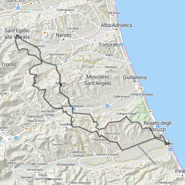 Miniatura della mappa di ispirazione al ciclismo "Road tra Notaresco e Bellante" nella regione di Abruzzo, Italy. Generata da Tarmacs.app, pianificatore di rotte ciclistiche
