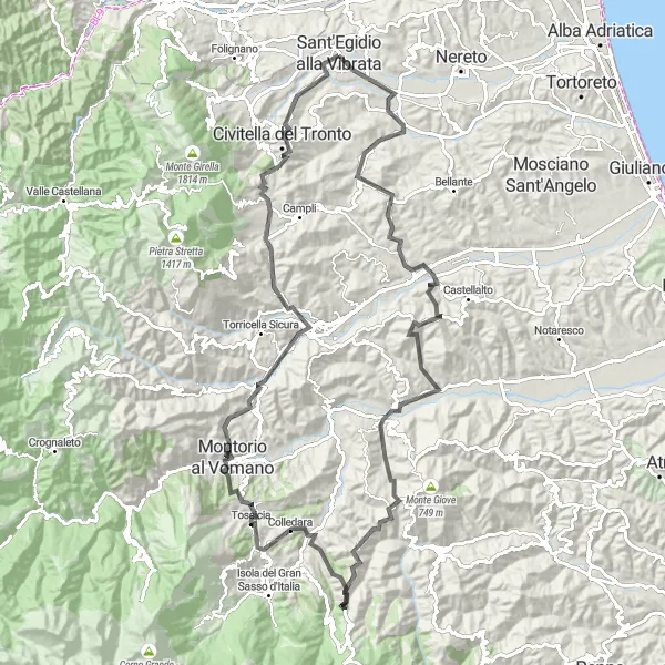 Map miniature of "The Vibrant Path" cycling inspiration in Abruzzo, Italy. Generated by Tarmacs.app cycling route planner
