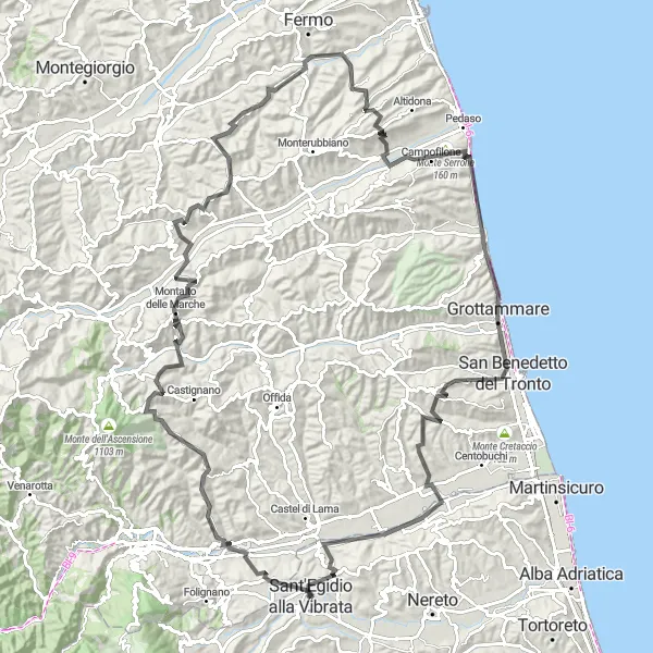 Miniature de la carte de l'inspiration cycliste "Traversée des vignobles et des collines" dans la Abruzzo, Italy. Générée par le planificateur d'itinéraire cycliste Tarmacs.app