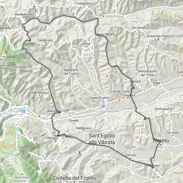 Miniatura della mappa di ispirazione al ciclismo "Giro Panoramico da Rocca di Morro a Nereto" nella regione di Abruzzo, Italy. Generata da Tarmacs.app, pianificatore di rotte ciclistiche