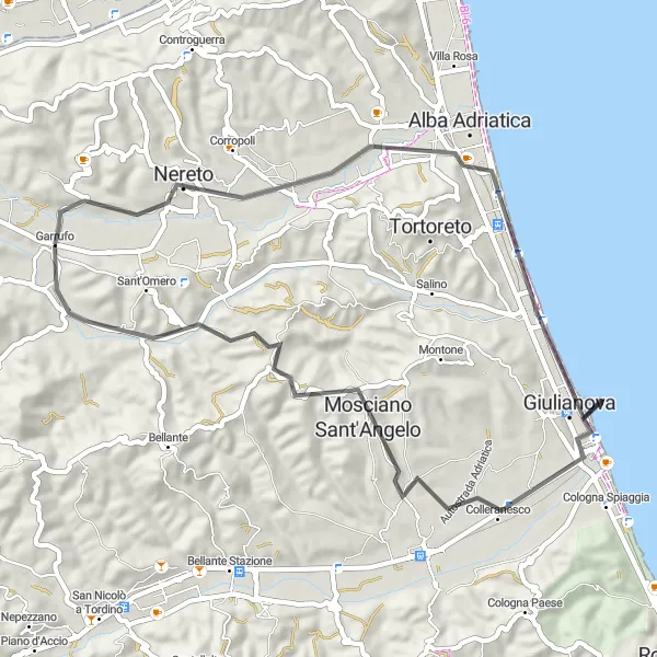 Miniature de la carte de l'inspiration cycliste "L'aventure à Mosciano Sant'Angelo" dans la Abruzzo, Italy. Générée par le planificateur d'itinéraire cycliste Tarmacs.app