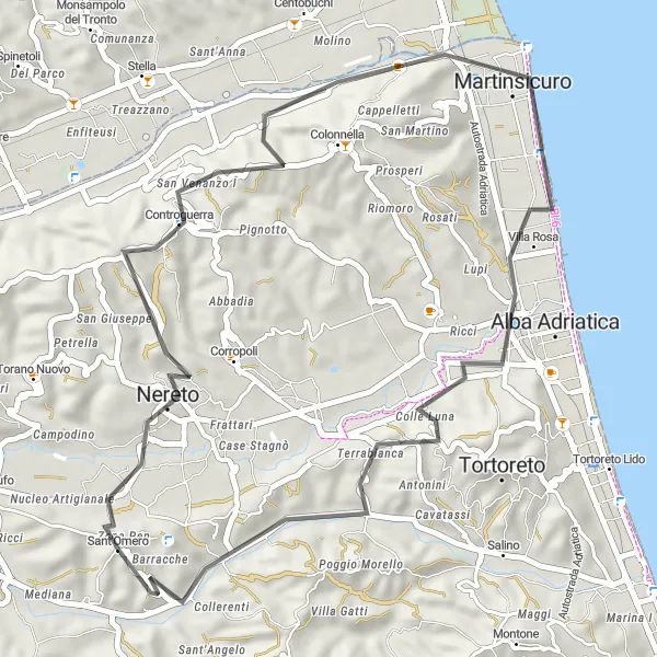 Miniature de la carte de l'inspiration cycliste "Circuit rural de Nereto - Barracche" dans la Abruzzo, Italy. Générée par le planificateur d'itinéraire cycliste Tarmacs.app