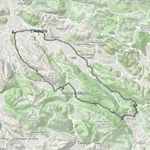Miniatura della mappa di ispirazione al ciclismo "Road Fontecchio" nella regione di Abruzzo, Italy. Generata da Tarmacs.app, pianificatore di rotte ciclistiche