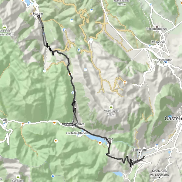 Map miniature of "The Scenic Road" cycling inspiration in Abruzzo, Italy. Generated by Tarmacs.app cycling route planner