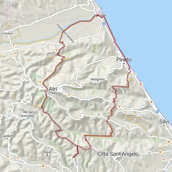 Miniatuurkaart van de fietsinspiratie "Gravelroute vanuit Scerne naar Pineto, Atri en Colle D'Odio" in Abruzzo, Italy. Gemaakt door de Tarmacs.app fietsrouteplanner