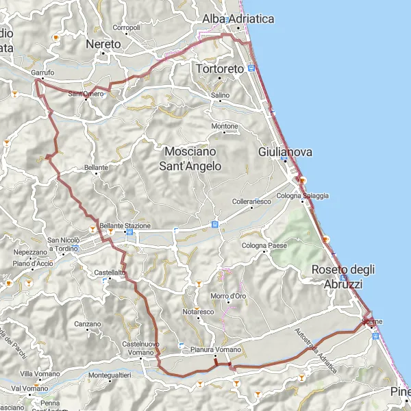 Miniatuurkaart van de fietsinspiratie "Gravelroute van Scerne naar Pianura Vomano en Tortoreto Lido" in Abruzzo, Italy. Gemaakt door de Tarmacs.app fietsrouteplanner