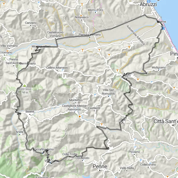 Miniature de la carte de l'inspiration cycliste "Tour de la Région de Scerne en Vélo de Route" dans la Abruzzo, Italy. Générée par le planificateur d'itinéraire cycliste Tarmacs.app