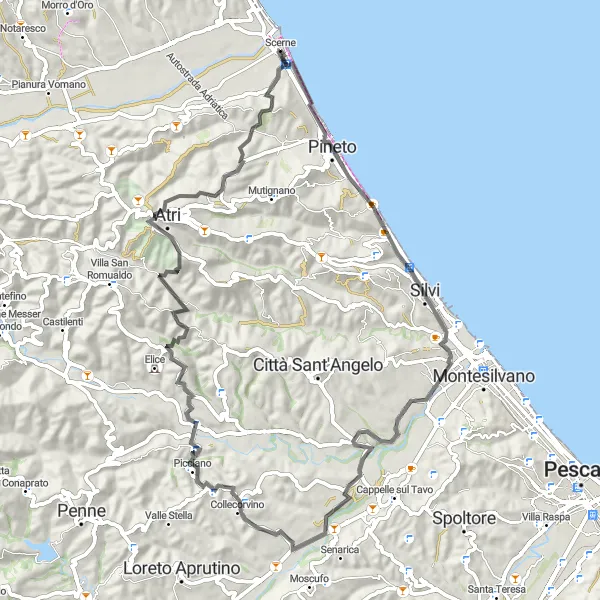 Miniature de la carte de l'inspiration cycliste "Escapade pittoresque entre mer et montagne" dans la Abruzzo, Italy. Générée par le planificateur d'itinéraire cycliste Tarmacs.app