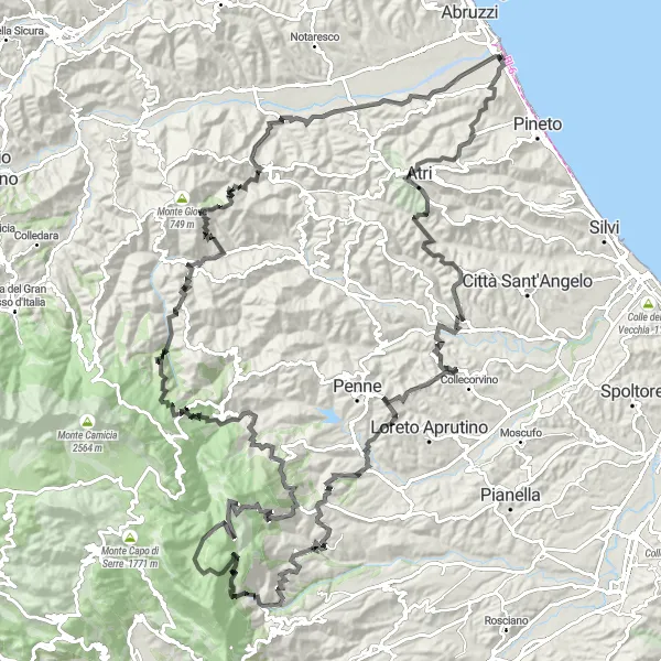 Miniatura della mappa di ispirazione al ciclismo "Sfide e Bellezze in Abruzzo" nella regione di Abruzzo, Italy. Generata da Tarmacs.app, pianificatore di rotte ciclistiche