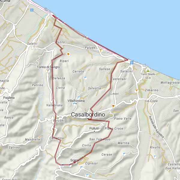 Map miniature of "Scerni Gravel Loop" cycling inspiration in Abruzzo, Italy. Generated by Tarmacs.app cycling route planner