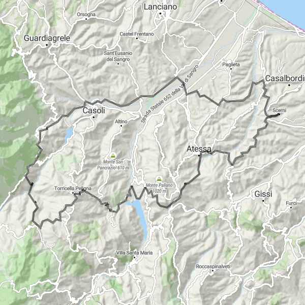 Map miniature of "Mountain Challenge" cycling inspiration in Abruzzo, Italy. Generated by Tarmacs.app cycling route planner