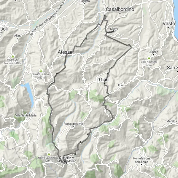 Miniature de la carte de l'inspiration cycliste "Défi montagneux jusqu'à Tornareccio" dans la Abruzzo, Italy. Générée par le planificateur d'itinéraire cycliste Tarmacs.app