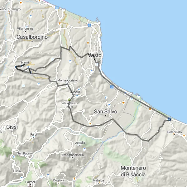 Karten-Miniaturansicht der Radinspiration "Vasto und Monte Vecchio Rundfahrt" in Abruzzo, Italy. Erstellt vom Tarmacs.app-Routenplaner für Radtouren