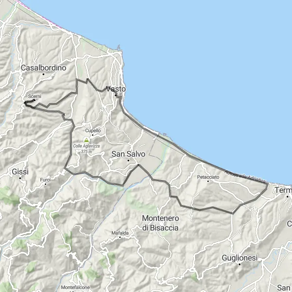 Map miniature of "Coastal Adventure" cycling inspiration in Abruzzo, Italy. Generated by Tarmacs.app cycling route planner