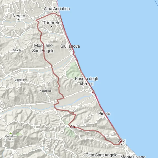 Miniatura della mappa di ispirazione al ciclismo "Scoperta dei tesori di Atri in bicicletta" nella regione di Abruzzo, Italy. Generata da Tarmacs.app, pianificatore di rotte ciclistiche