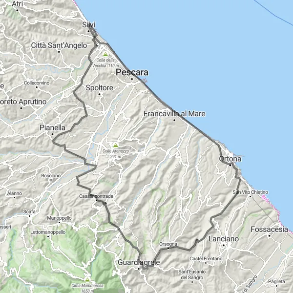 Miniature de la carte de l'inspiration cycliste "Parcours des collines Abruzzesi" dans la Abruzzo, Italy. Générée par le planificateur d'itinéraire cycliste Tarmacs.app