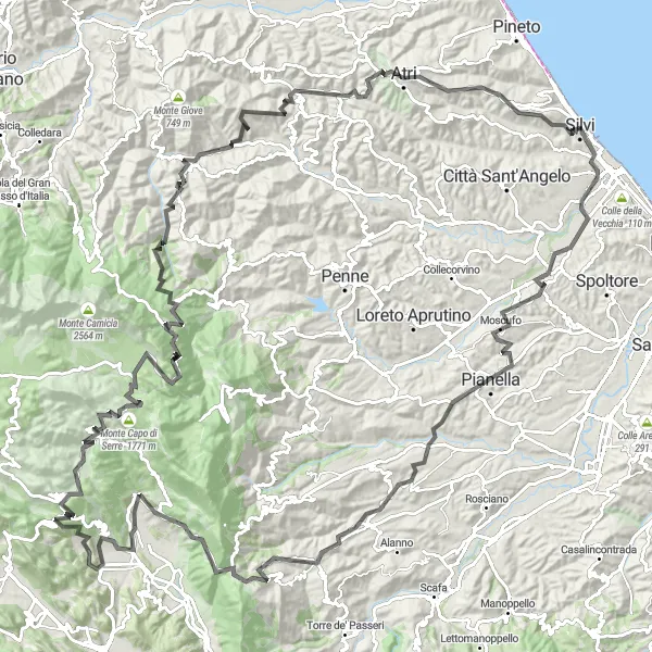 Miniatura della mappa di ispirazione al ciclismo "Tra Monti e Battaglie" nella regione di Abruzzo, Italy. Generata da Tarmacs.app, pianificatore di rotte ciclistiche