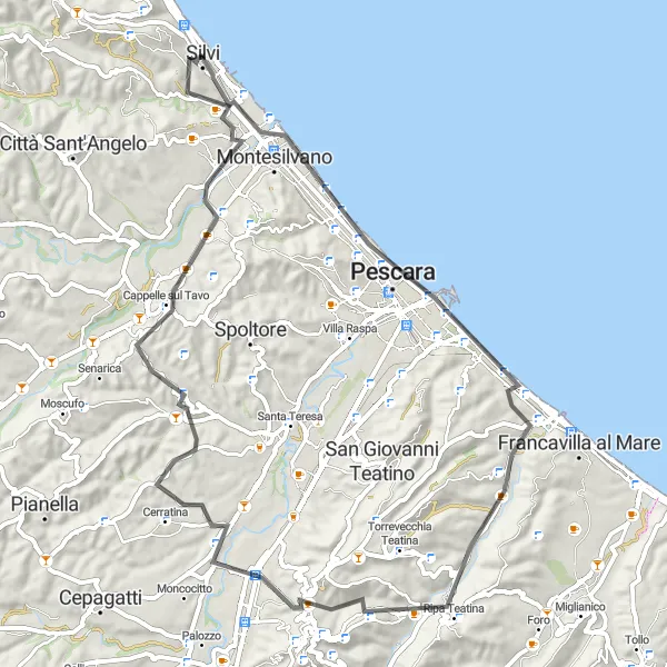 Miniature de la carte de l'inspiration cycliste "La route de Pescara à Silvi en vélo de route" dans la Abruzzo, Italy. Générée par le planificateur d'itinéraire cycliste Tarmacs.app