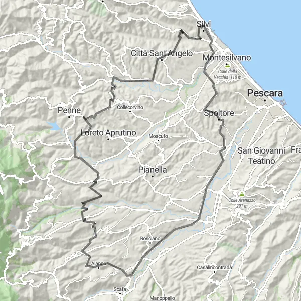 Miniatura della mappa di ispirazione al ciclismo "Avventura in bicicletta da Silvi a Città Sant'Angelo" nella regione di Abruzzo, Italy. Generata da Tarmacs.app, pianificatore di rotte ciclistiche