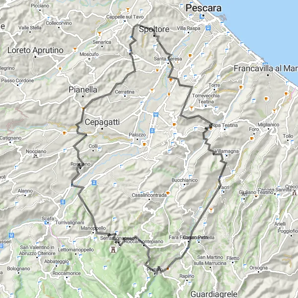 Miniature de la carte de l'inspiration cycliste "Les collines de l'Abruzzo en vélo de route" dans la Abruzzo, Italy. Générée par le planificateur d'itinéraire cycliste Tarmacs.app
