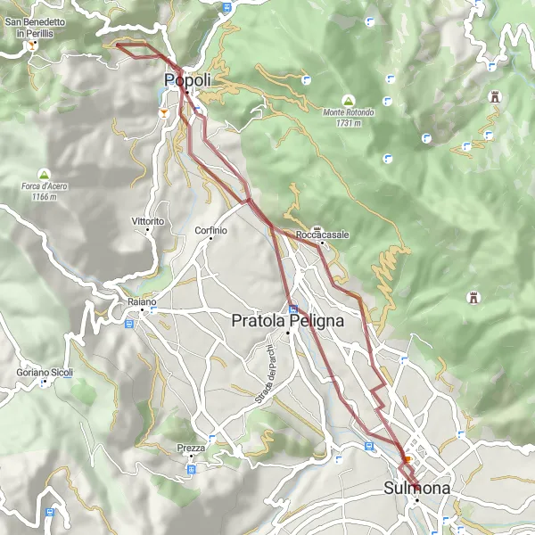 Miniature de la carte de l'inspiration cycliste "Exploration des Sorgenti del Pescara" dans la Abruzzo, Italy. Générée par le planificateur d'itinéraire cycliste Tarmacs.app