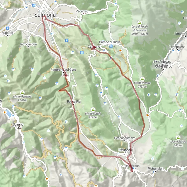 Map miniature of "Exploring the Beauty of Sulmona on a Gravel Adventure" cycling inspiration in Abruzzo, Italy. Generated by Tarmacs.app cycling route planner