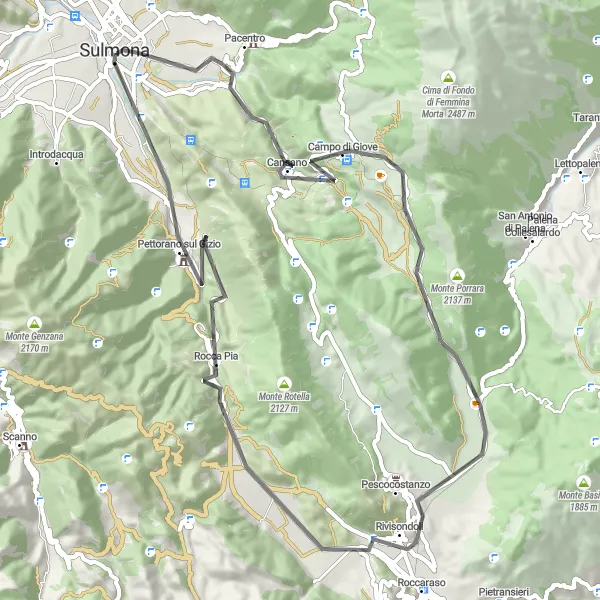 Map miniature of "Scenic Beauty Unleashed" cycling inspiration in Abruzzo, Italy. Generated by Tarmacs.app cycling route planner