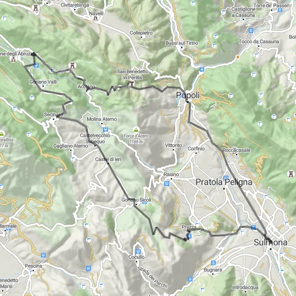 Map miniature of "The Hilltop Delights" cycling inspiration in Abruzzo, Italy. Generated by Tarmacs.app cycling route planner