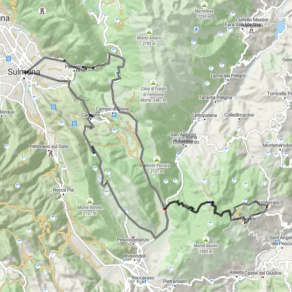 Map miniature of "Road Cycling Adventure: Exploring the Sulmona Region" cycling inspiration in Abruzzo, Italy. Generated by Tarmacs.app cycling route planner