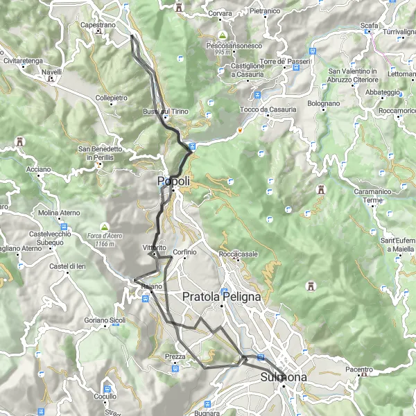 Map miniature of "The Road to Cultural Delights" cycling inspiration in Abruzzo, Italy. Generated by Tarmacs.app cycling route planner