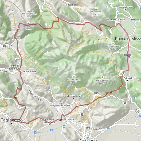 Miniatura della mappa di ispirazione al ciclismo "Alla scoperta di Colle di Mezzo e Rocca di Cambio" nella regione di Abruzzo, Italy. Generata da Tarmacs.app, pianificatore di rotte ciclistiche