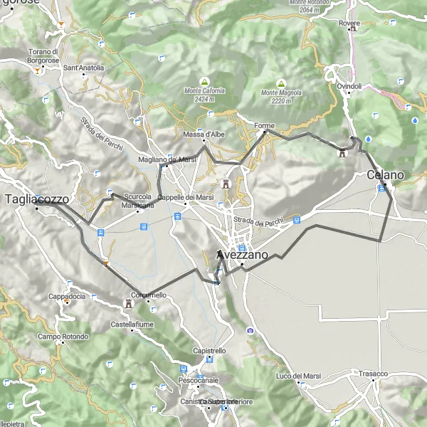 Miniature de la carte de l'inspiration cycliste "Parcours de 75 km à travers Forme et Monte Salviano" dans la Abruzzo, Italy. Générée par le planificateur d'itinéraire cycliste Tarmacs.app