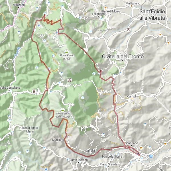 Miniatura della mappa di ispirazione al ciclismo "Giro ciclistico gravel da Teramo a Castello Della Monica" nella regione di Abruzzo, Italy. Generata da Tarmacs.app, pianificatore di rotte ciclistiche
